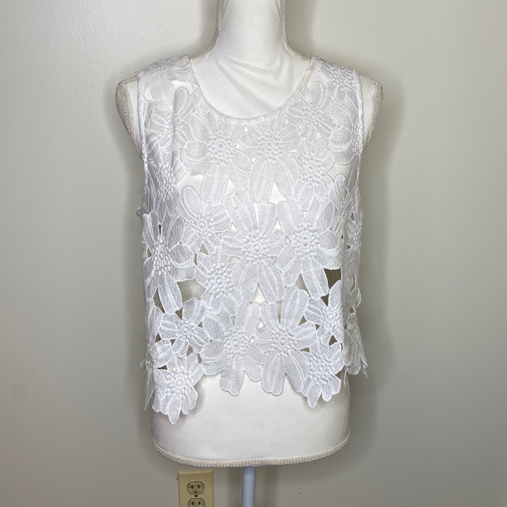 Caution to the Wind Lace Cut Out Cropped Round Neck Pull Over White Tank Top